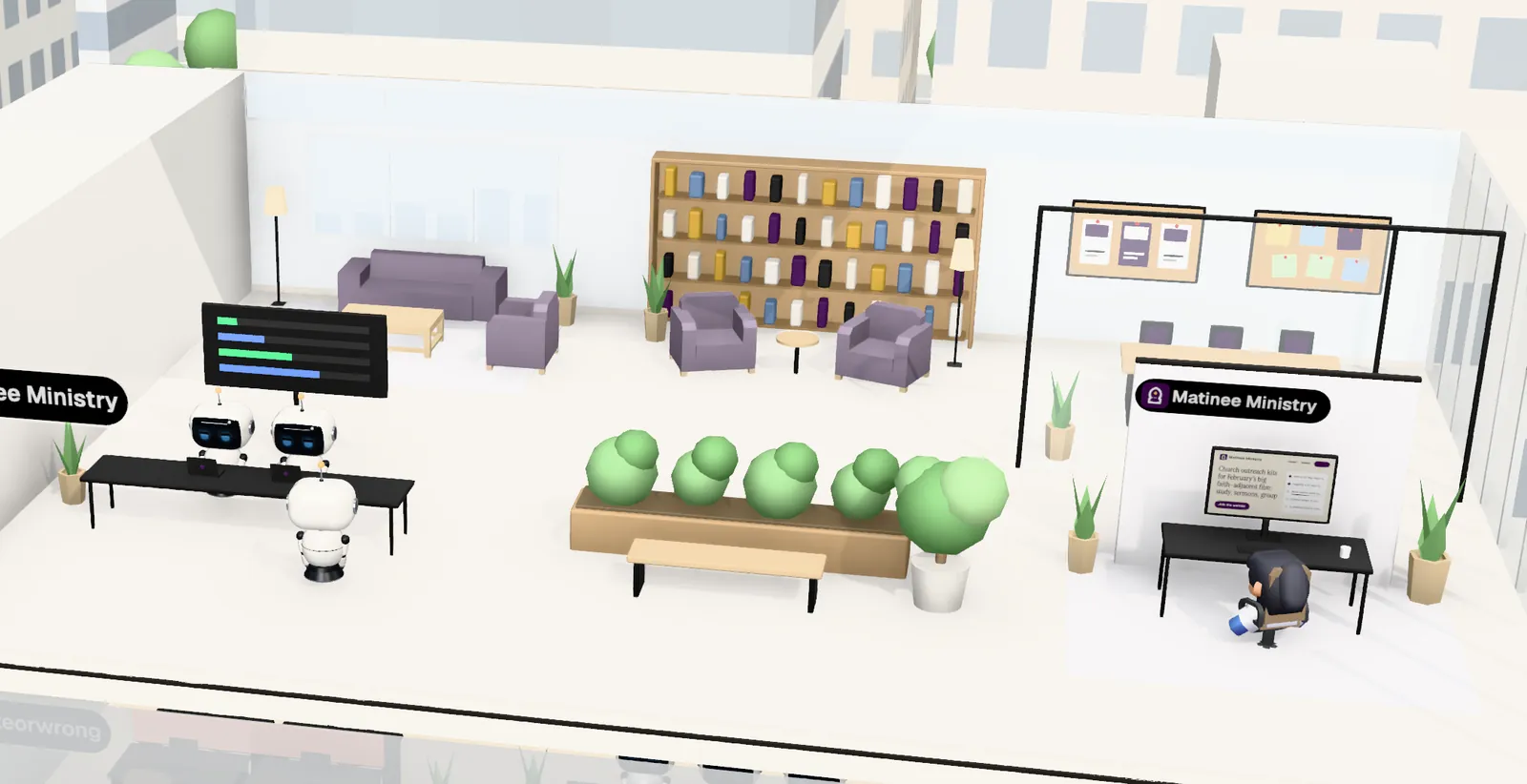 Matinee Ministry’s office on floor 5 of Tower 1: the owner’s desk with the website on screen, the agents’ bench, a meeting room and a library